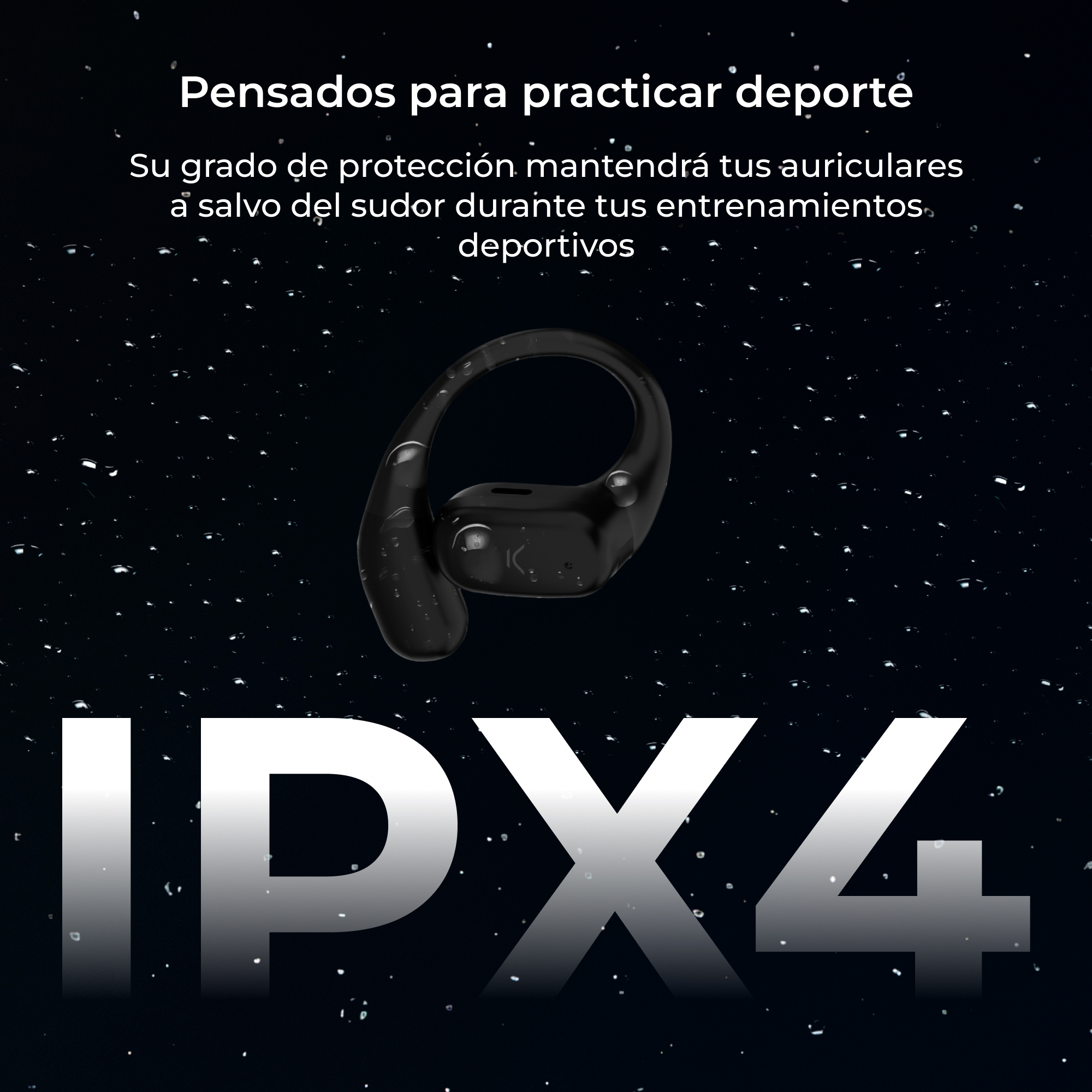 Czarne bezprzewodowe słuchawki z czarnym uchwytem w kroplach wody. Tekst: IPX4.