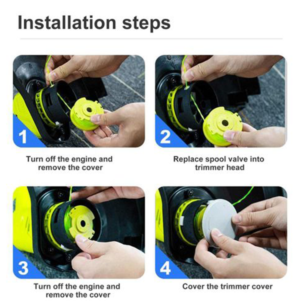 Vierstufige Installationsanleitung für einen Trimmer. Hände zeigen die Montage des Geräts.