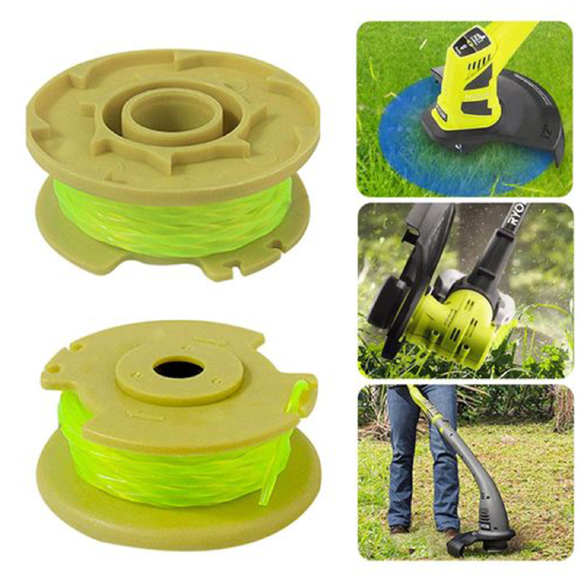 Trimmer-Ausrüstung, mit Spulen und Diagrammen. Enthält Trimmer, Kantenschneider und Grasschneider.
