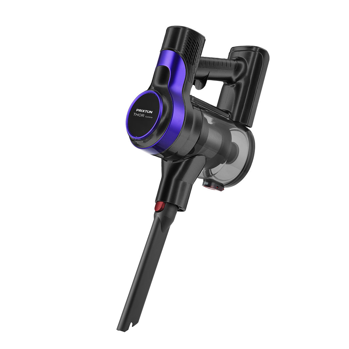 Bezprzewodowy odkurzacz, czarno-fioletowy, skierowany do widza, z długą dyszą.