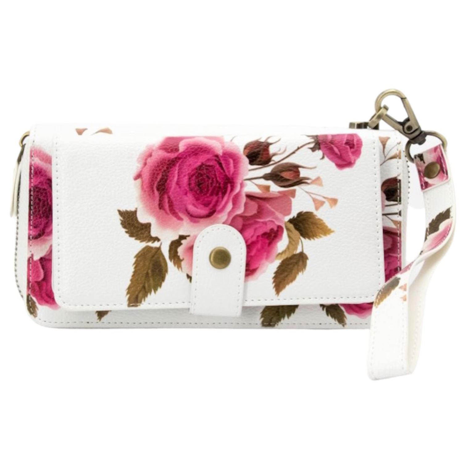 Cartera blanca con estampado de rosas rosas. Cierre a presión, correa y herrajes metálicos. El patrón de rosas cubre el frente.