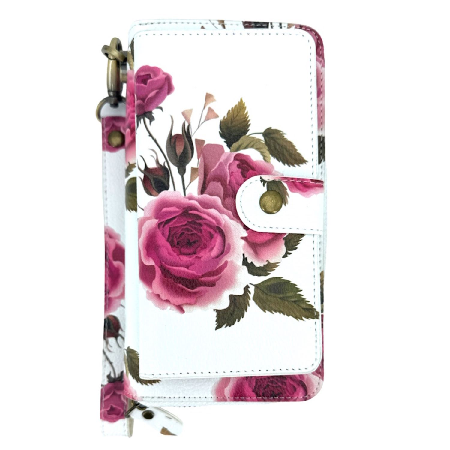 Una cartera blanca con ilustración de rosas rosas, cierre dorado y correa de muñeca.