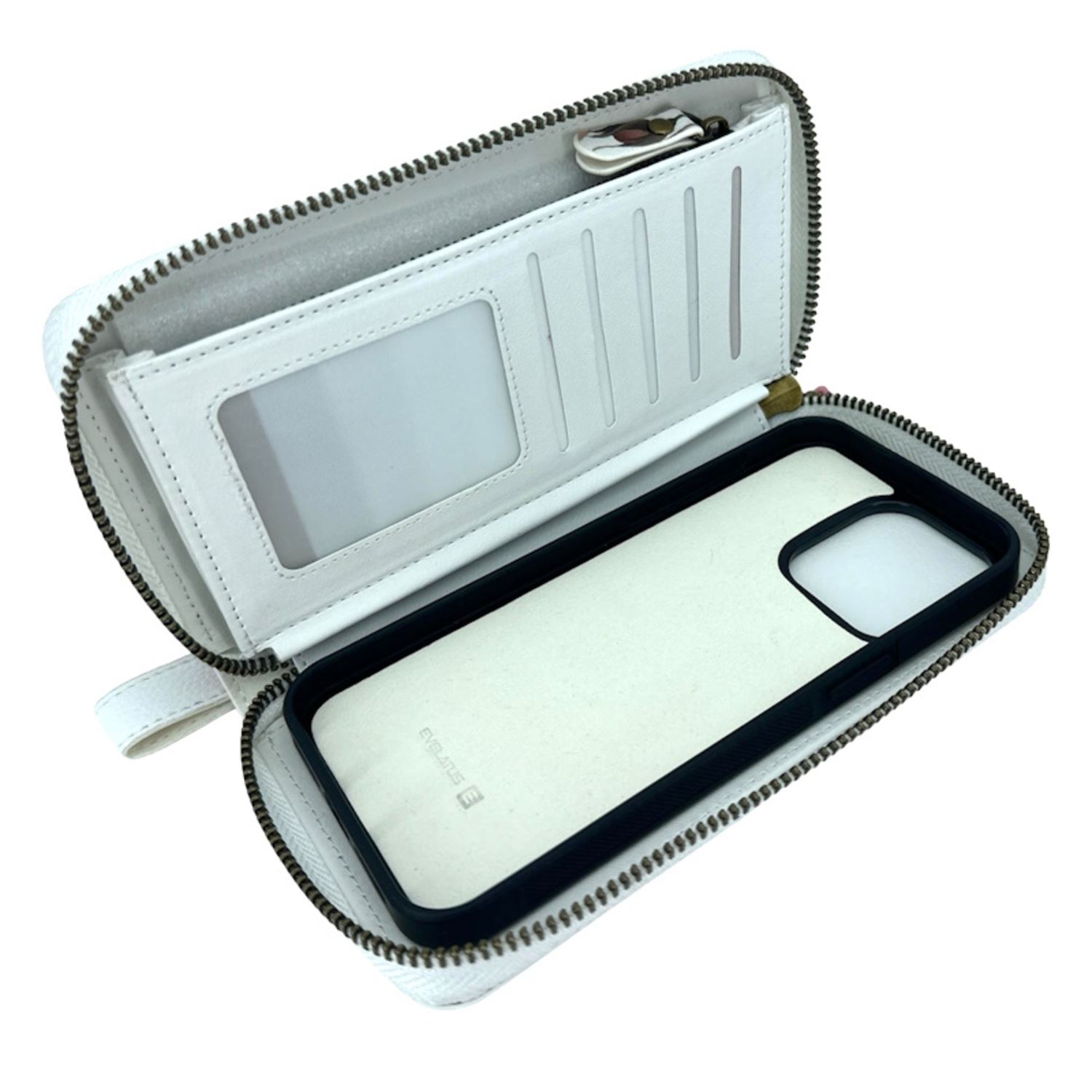 Una cartera blanca con cremallera, con una funda para teléfono y ranuras para tarjetas, revelando su contenido.