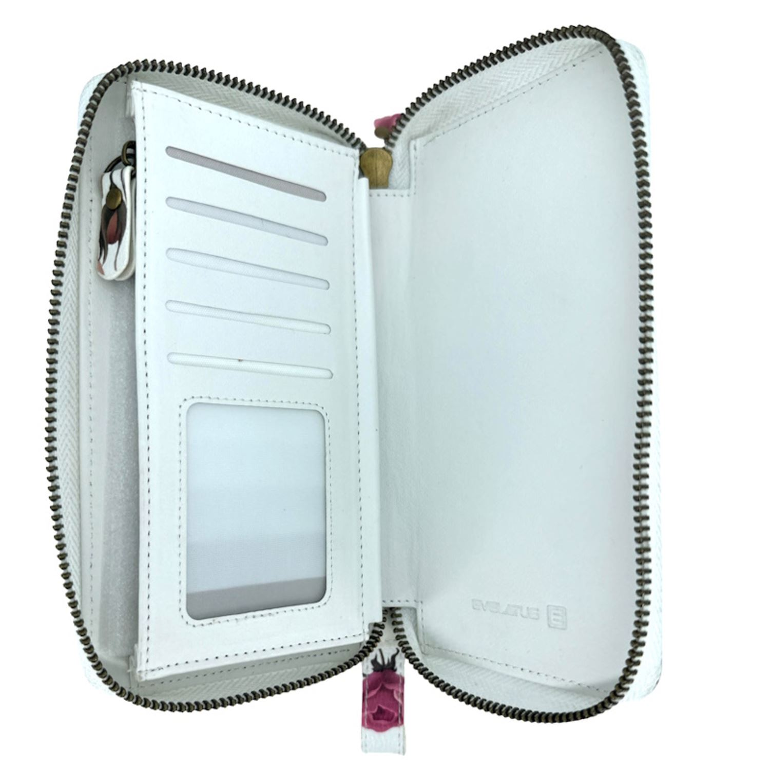 Cartera blanca abierta con ranuras para tarjetas, ventana de identificación transparente y cremallera. Floral.