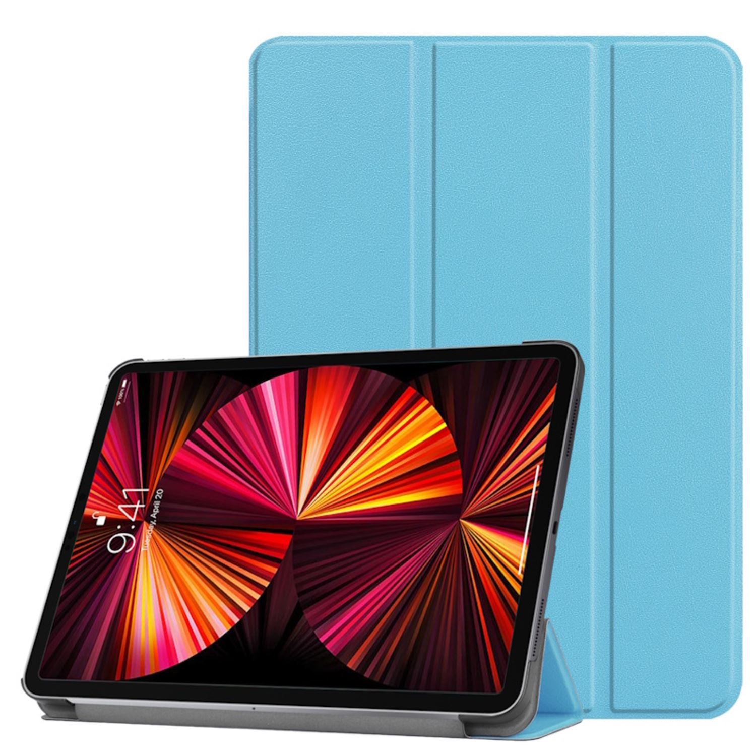 Tableta con pantalla que muestra un diseño colorido, en una funda azul. Fondo blanco.