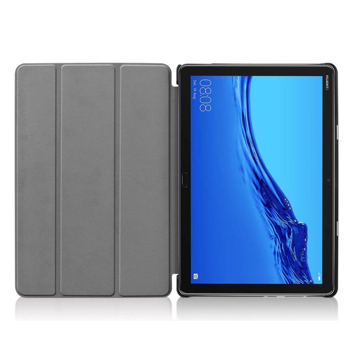 Funda gris para tableta con tableta dentro. Fondo blanco.