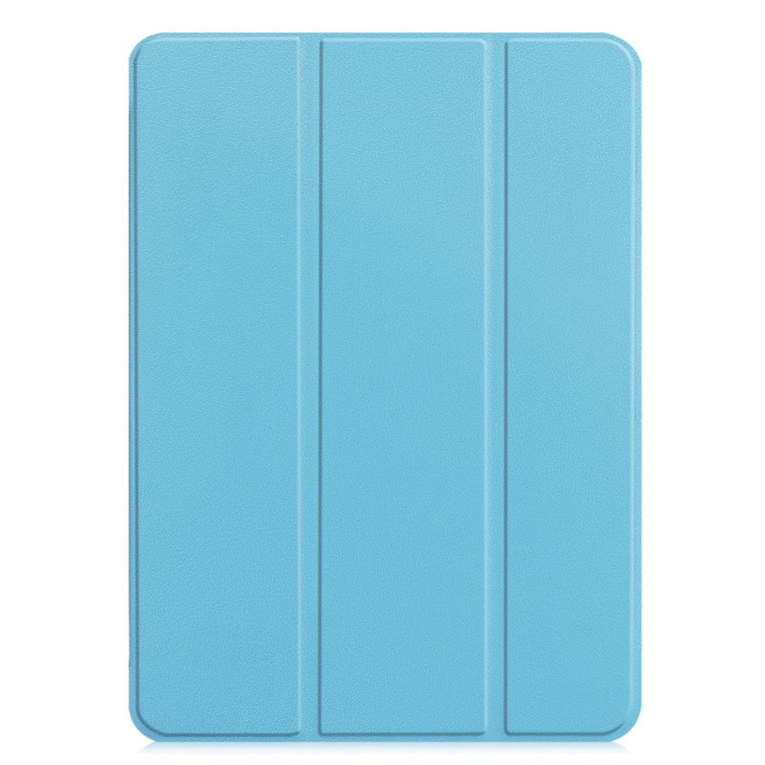 Funda azul para tableta sobre fondo blanco. Diseño de tres paneles.