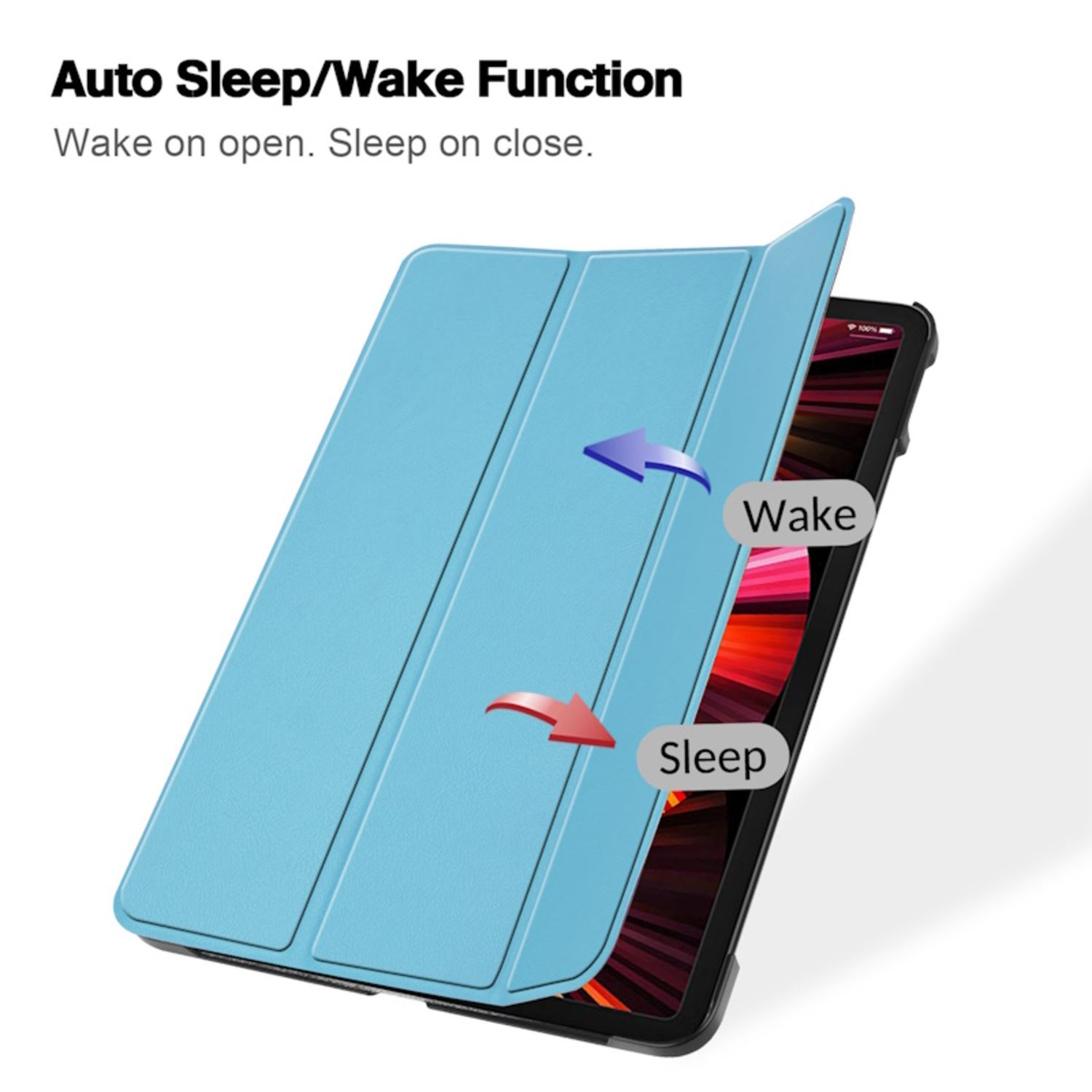 Una funda celeste para tableta, parcialmente abierta, con flechas que indican la función 'Wake' y 'Sleep'.