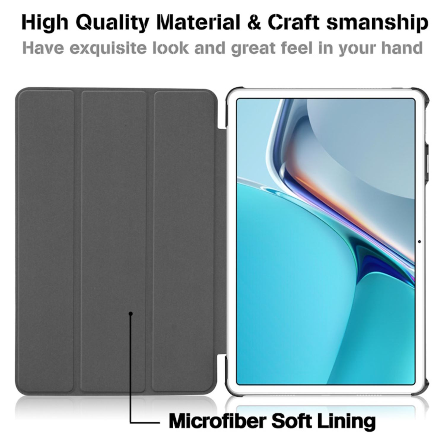 Tableta en una funda gris, abierta, con la pantalla hacia adelante. El texto dice 'Microfiber Soft Lining'.