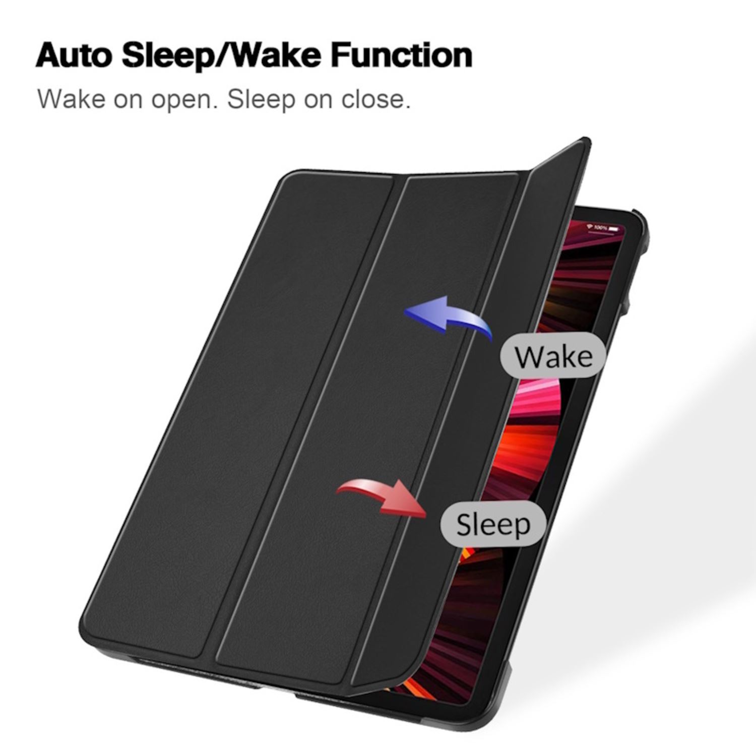 Una funda negra para tableta, parcialmente abierta, con flechas que indican la función 'Wake' y 'Sleep'.