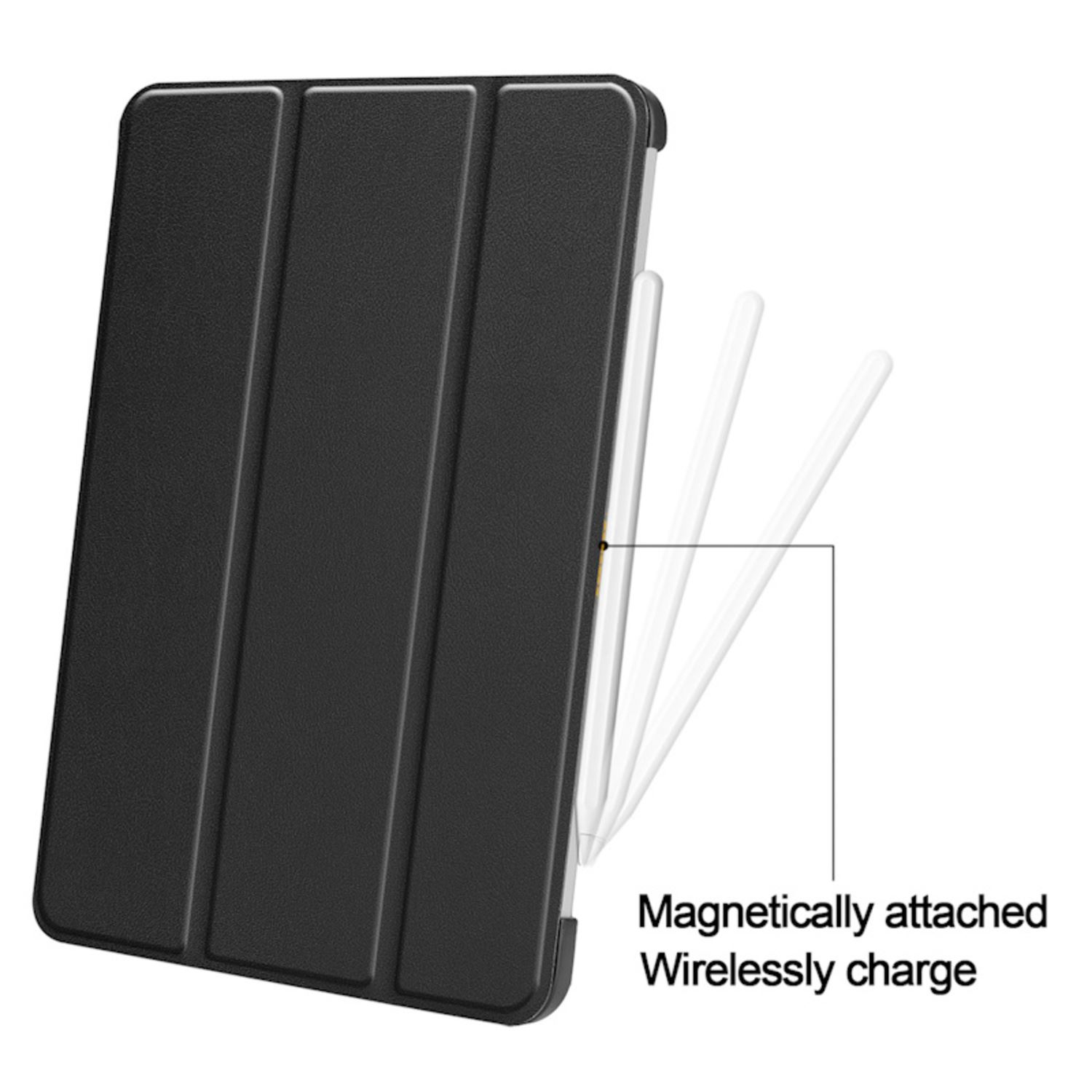 Funda negra para tableta con lápiz óptico adjunto que se carga inalámbricamente.