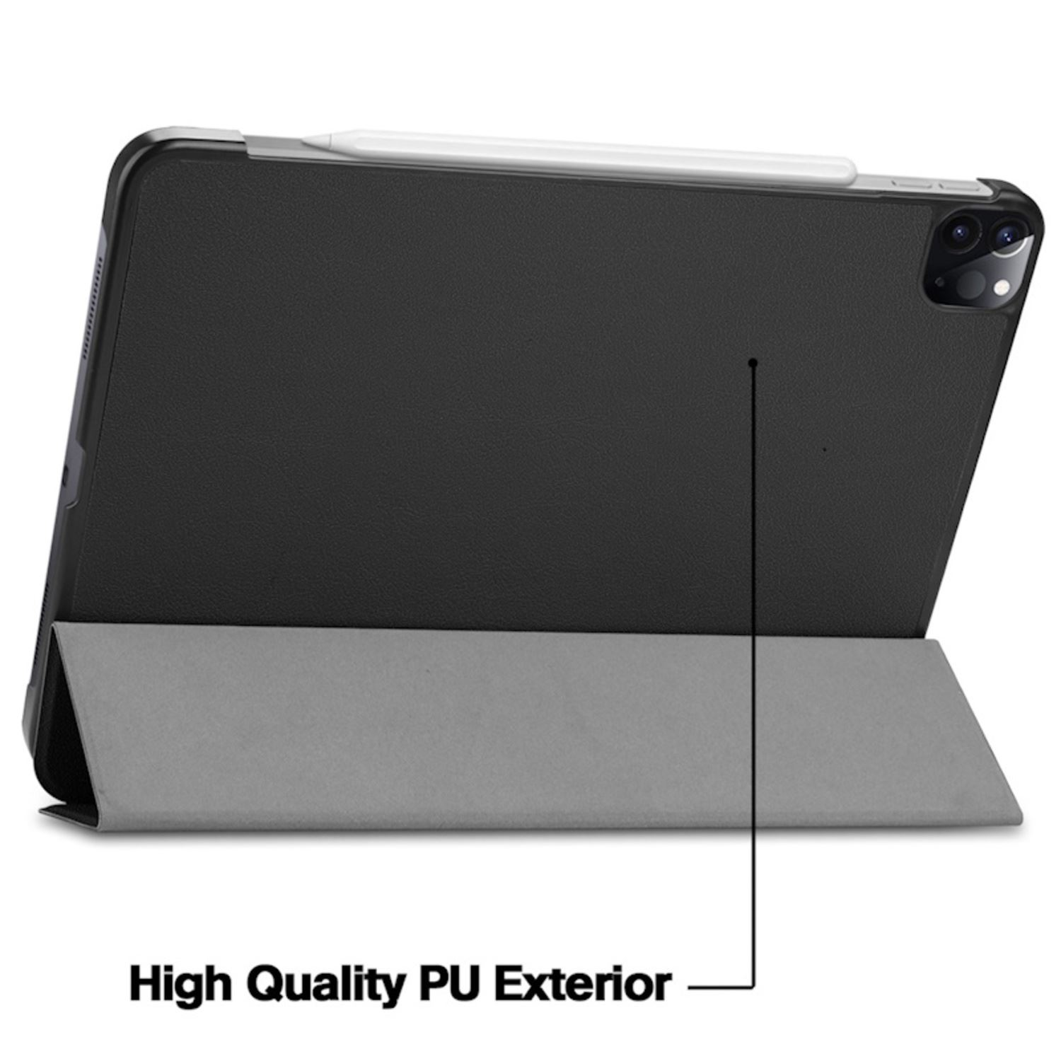 iPad negro en una funda de cuero PU gris, lápiz blanco. La funda está apoyada.