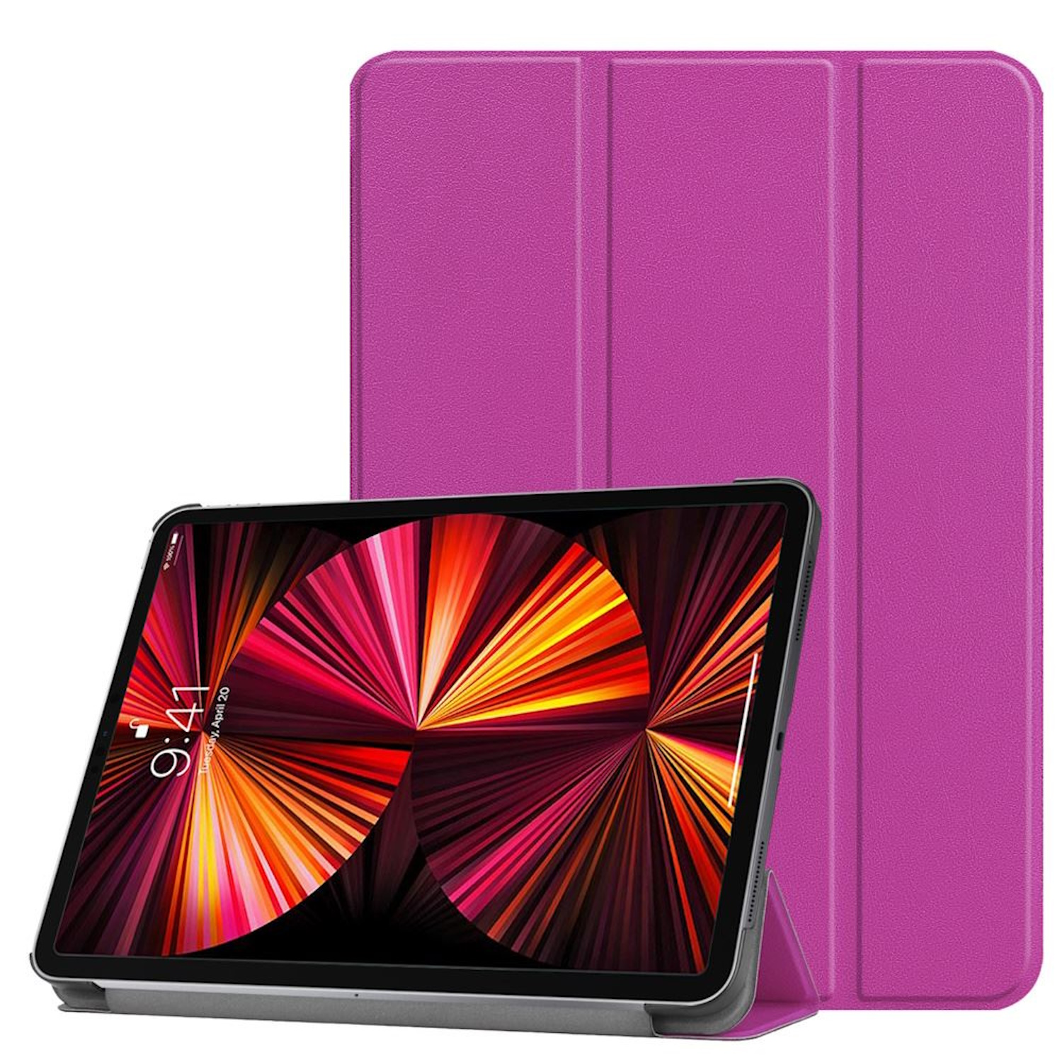Una tableta en un estuche magenta, de pie. La pantalla muestra una imagen abstracta y colorida.