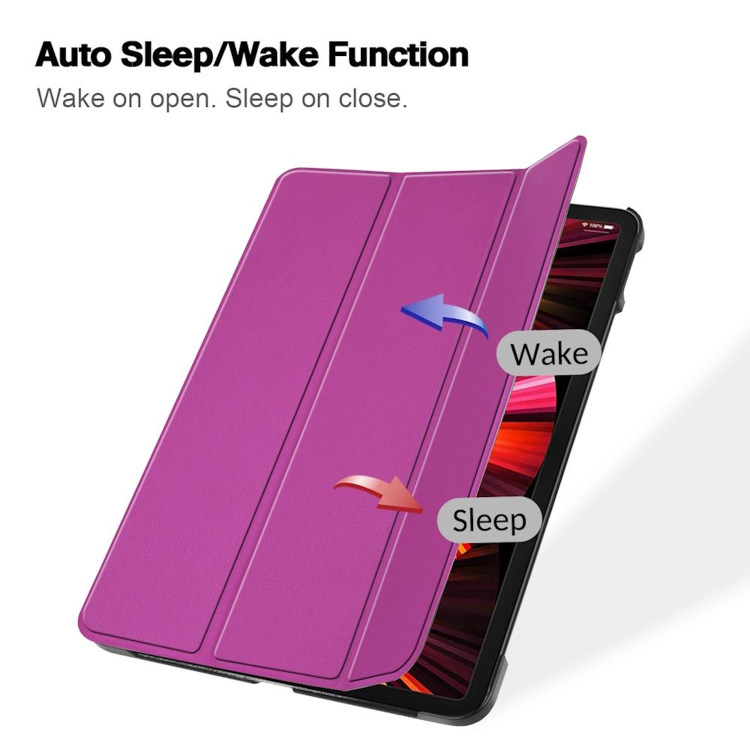 Funda morada para tableta con función de activación/suspensión, abierta mostrando la pantalla.