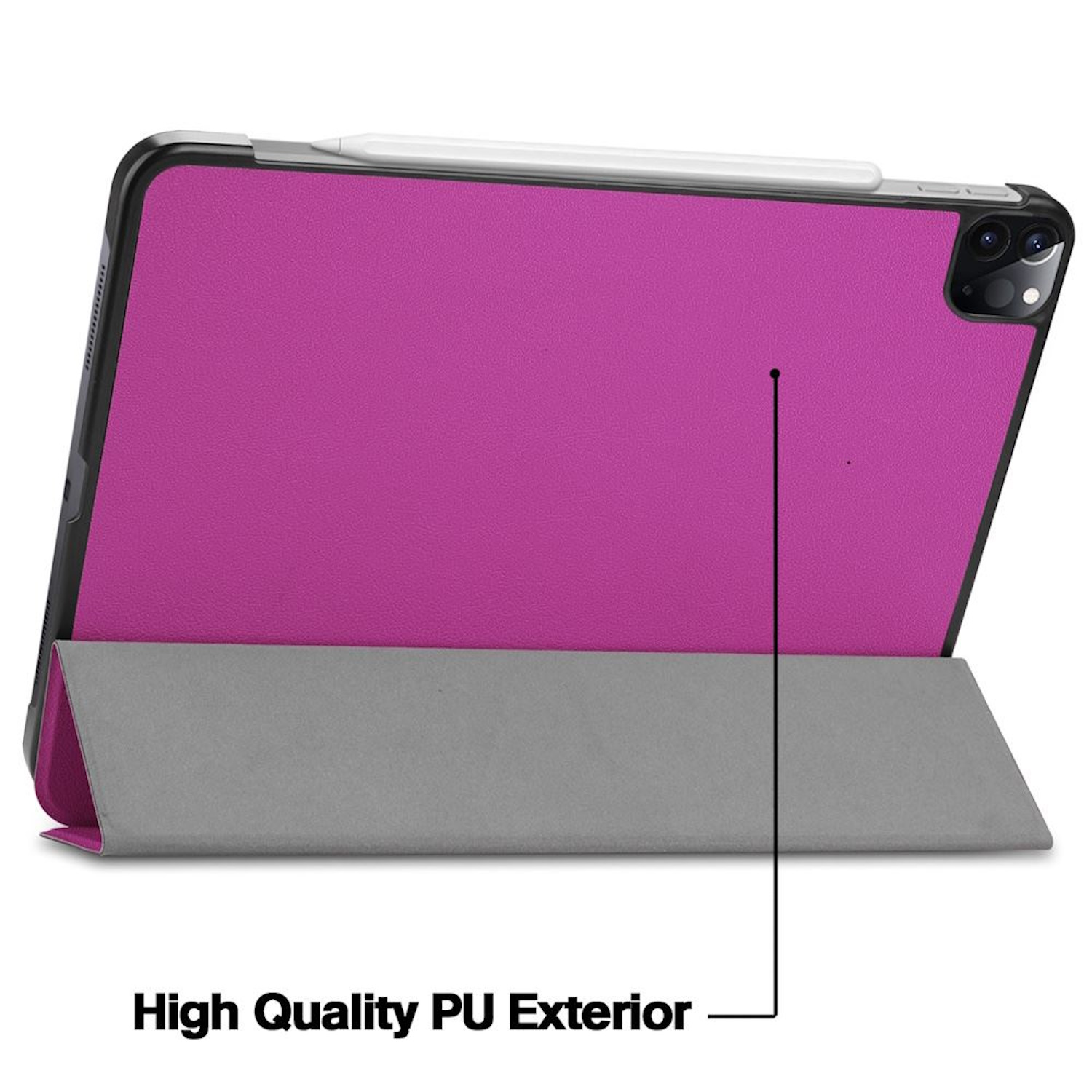Una funda para iPad con una cubierta rosa y un soporte gris. El texto "High Quality PU Exterior" es visible.