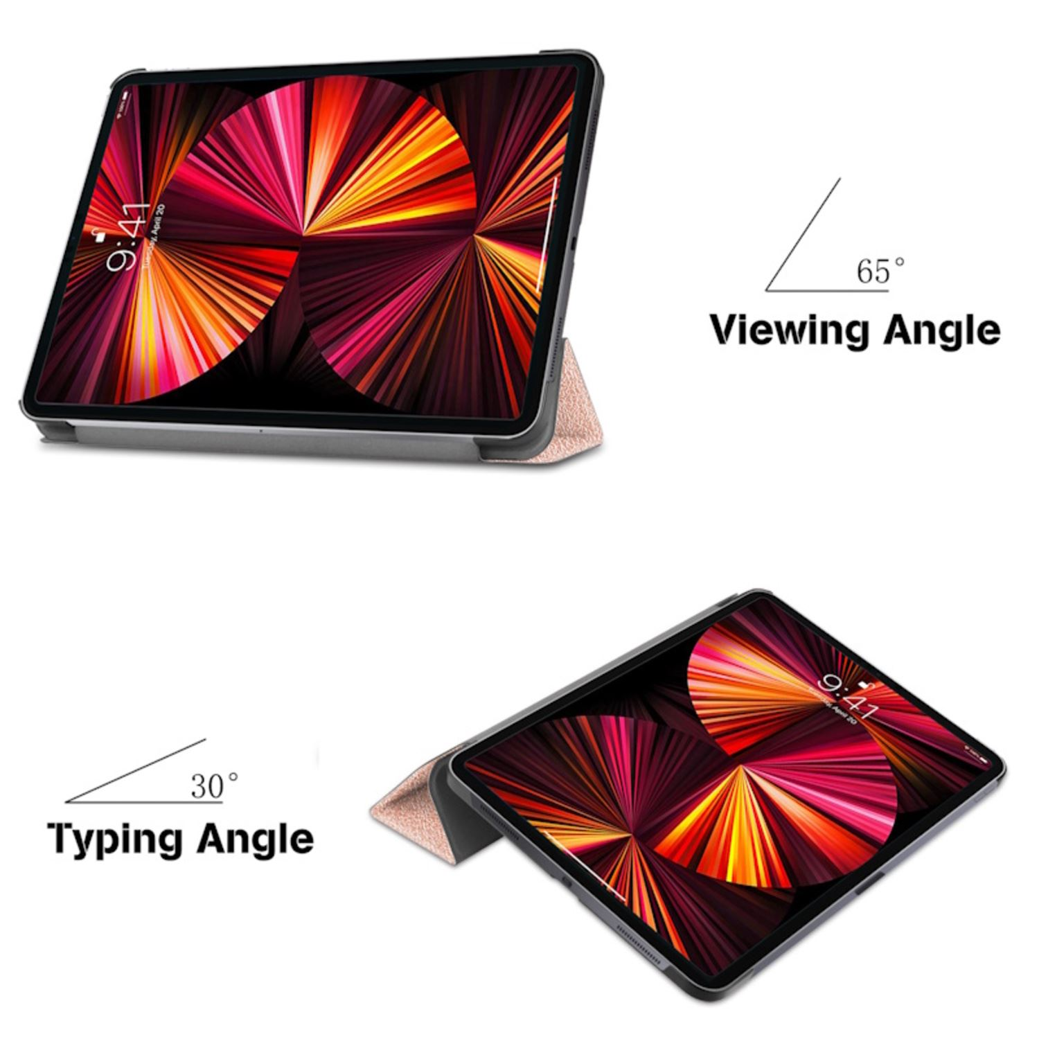 Tableta en una funda, con la pantalla mostrando un diseño colorido. Se muestran dos ángulos, 65° y 30°.