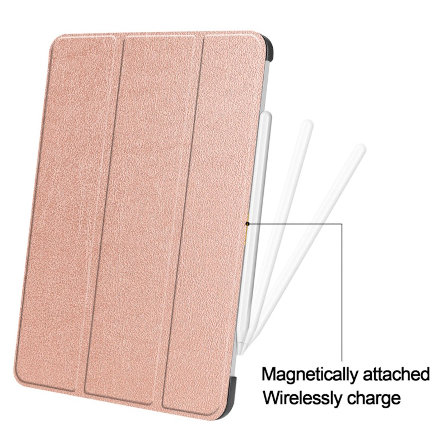Funda para tableta color oro rosa con cubierta plegable y lápiz blanco. La funda está sobre un fondo blanco.