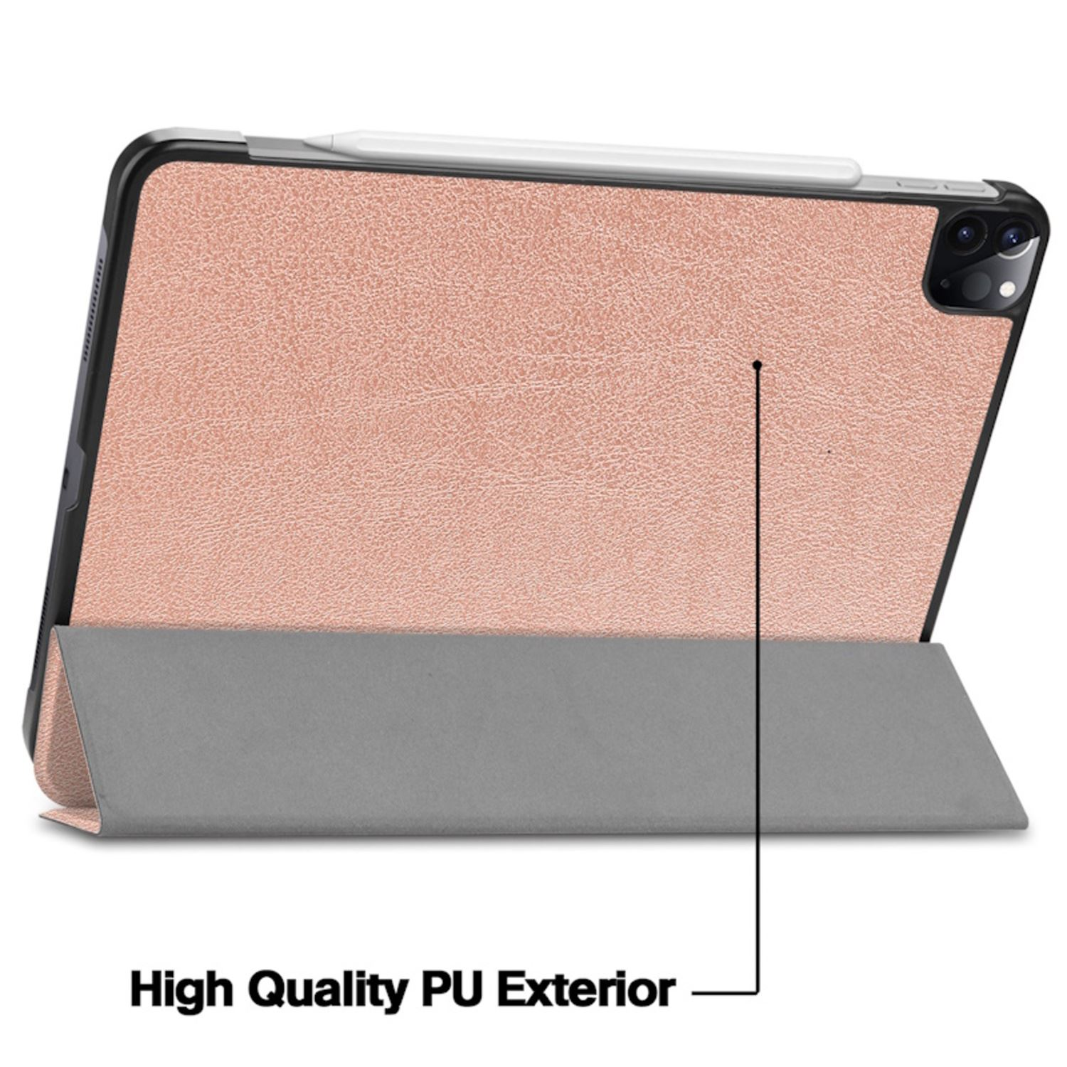 Funda de iPad abierta, con exterior de PU rosa y soporte gris. Lápiz blanco cerca.