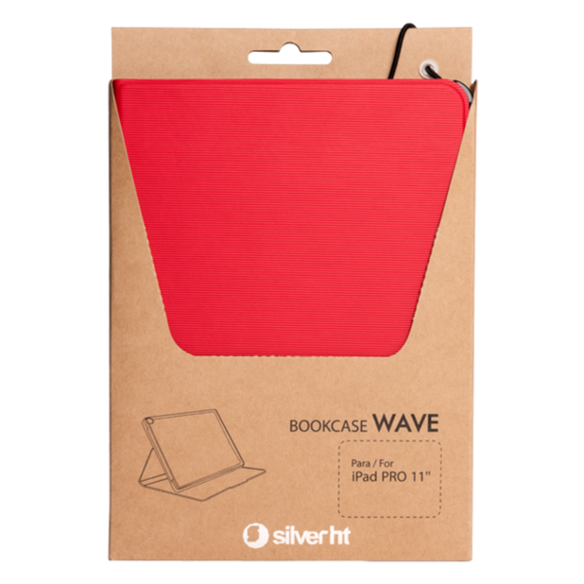Caja de cartón con funda roja para tableta, etiquetada 'BOOKCASE WAVE' para iPad Pro 11'.