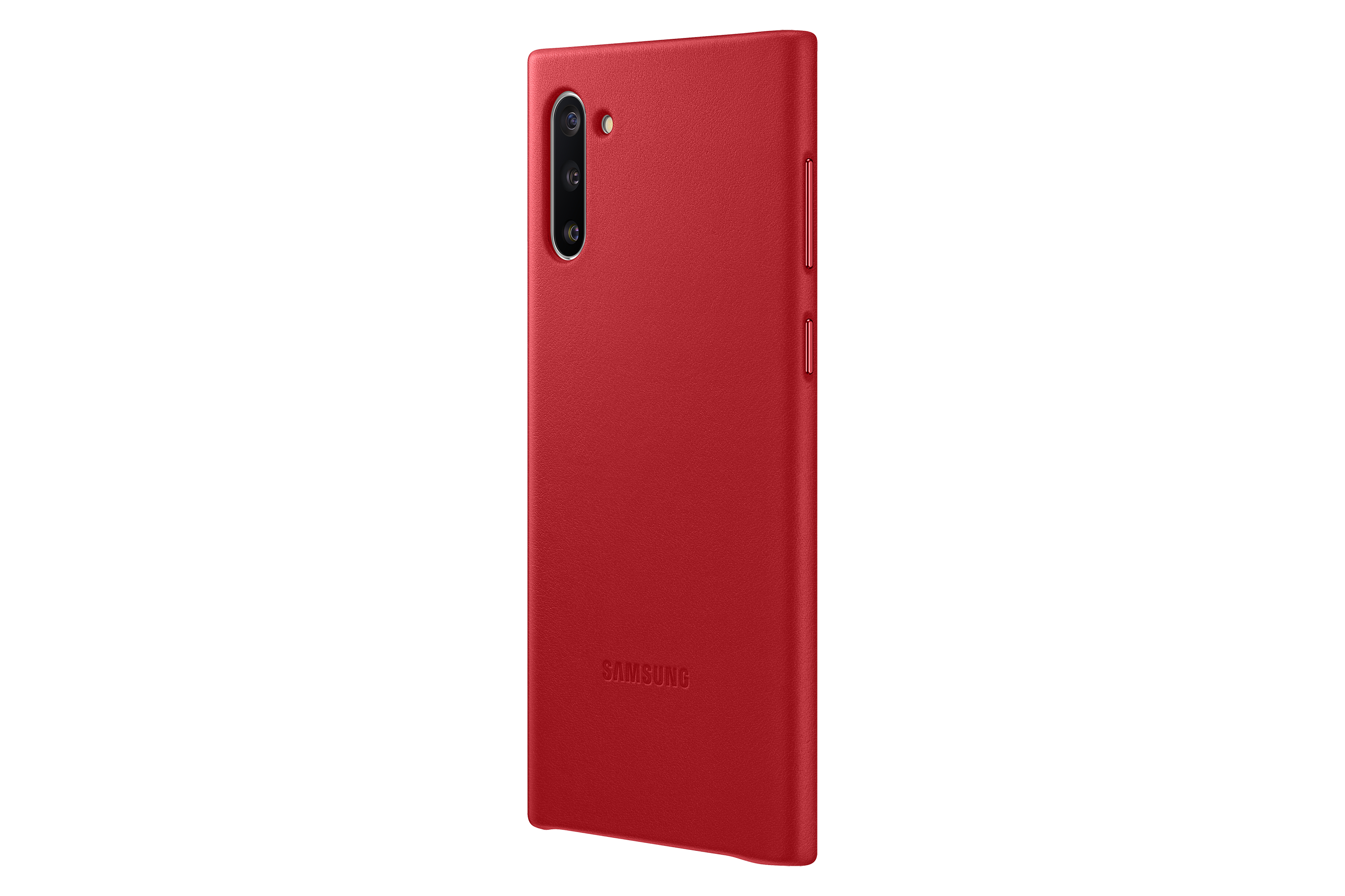 Una funda roja para teléfono Samsung con la cámara y los botones visibles sobre un fondo blanco.