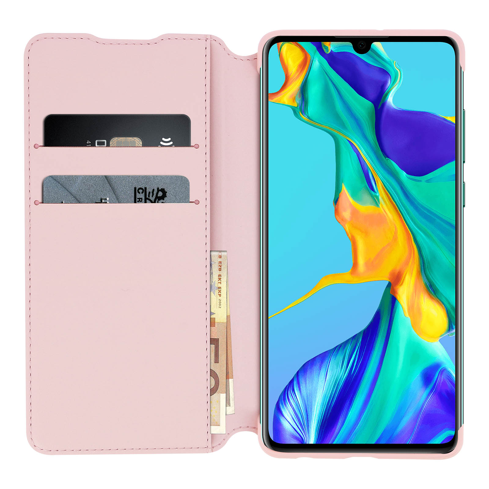 Rosa Handyhülle mit Kartenfächern und einem Telefon. Die Hülle ist offen. Hellrosa Hintergrund.