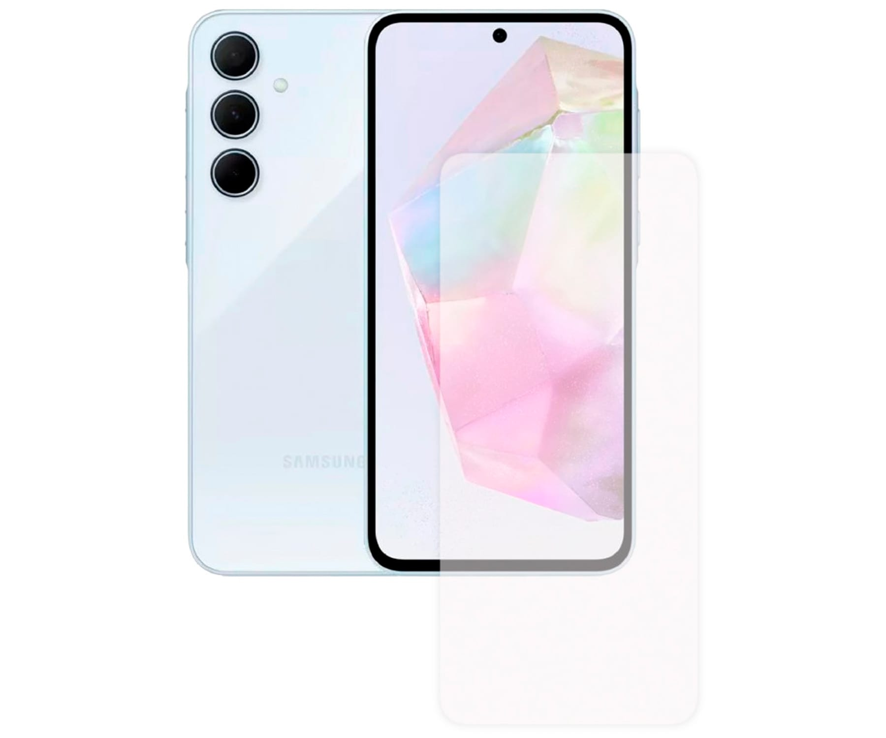 Un teléfono Samsung azul claro con tres cámaras traseras y un protector de pantalla.
