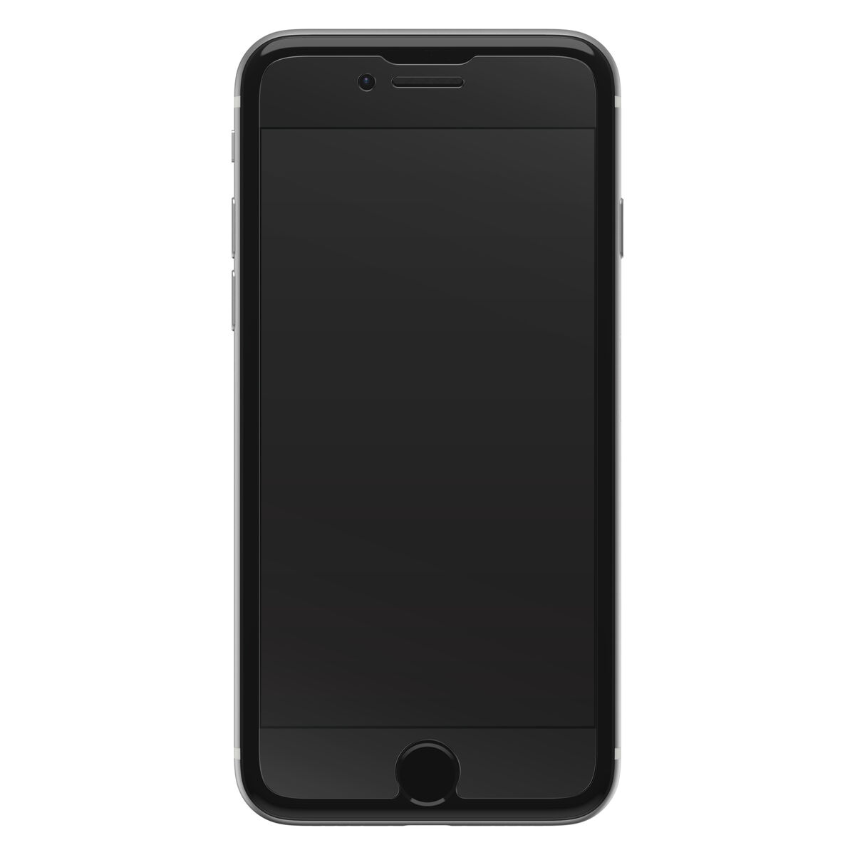 Smartphone negro, vista frontal, con pantalla negra grande y botón de inicio visible.