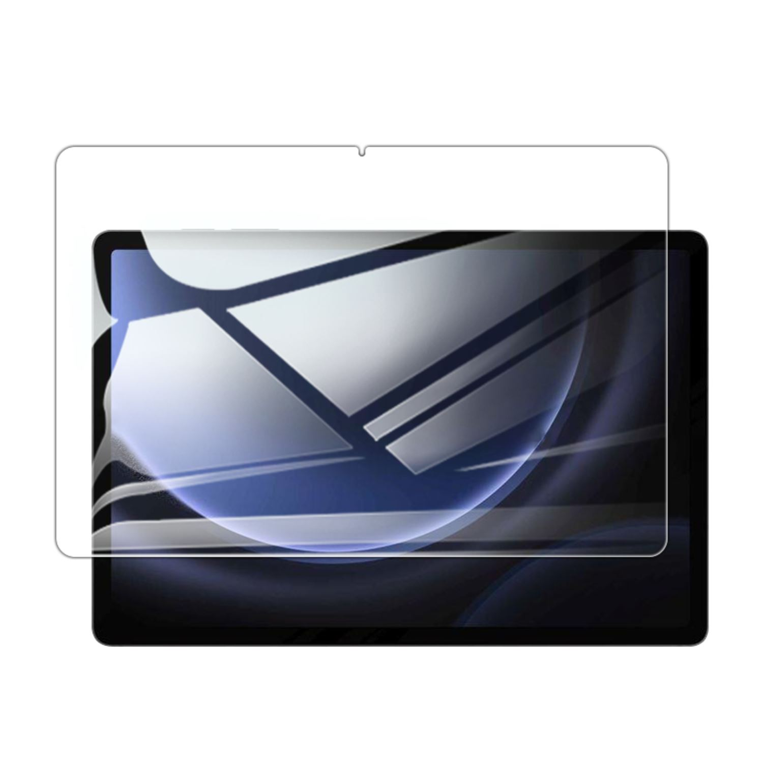 Una tableta con un protector de pantalla aplicado, mostrando la pantalla, una película transparente y la tableta en sí.