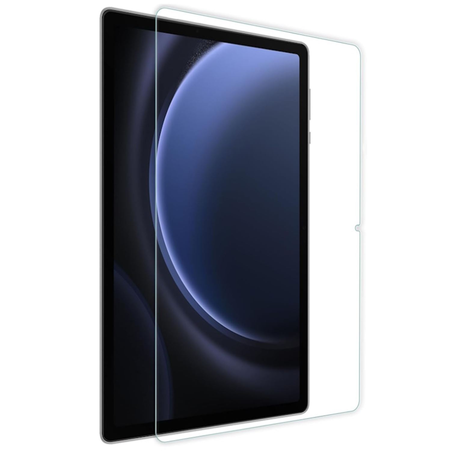 Una tableta con un protector de pantalla aplicado. La pantalla muestra un degradado azul oscuro.