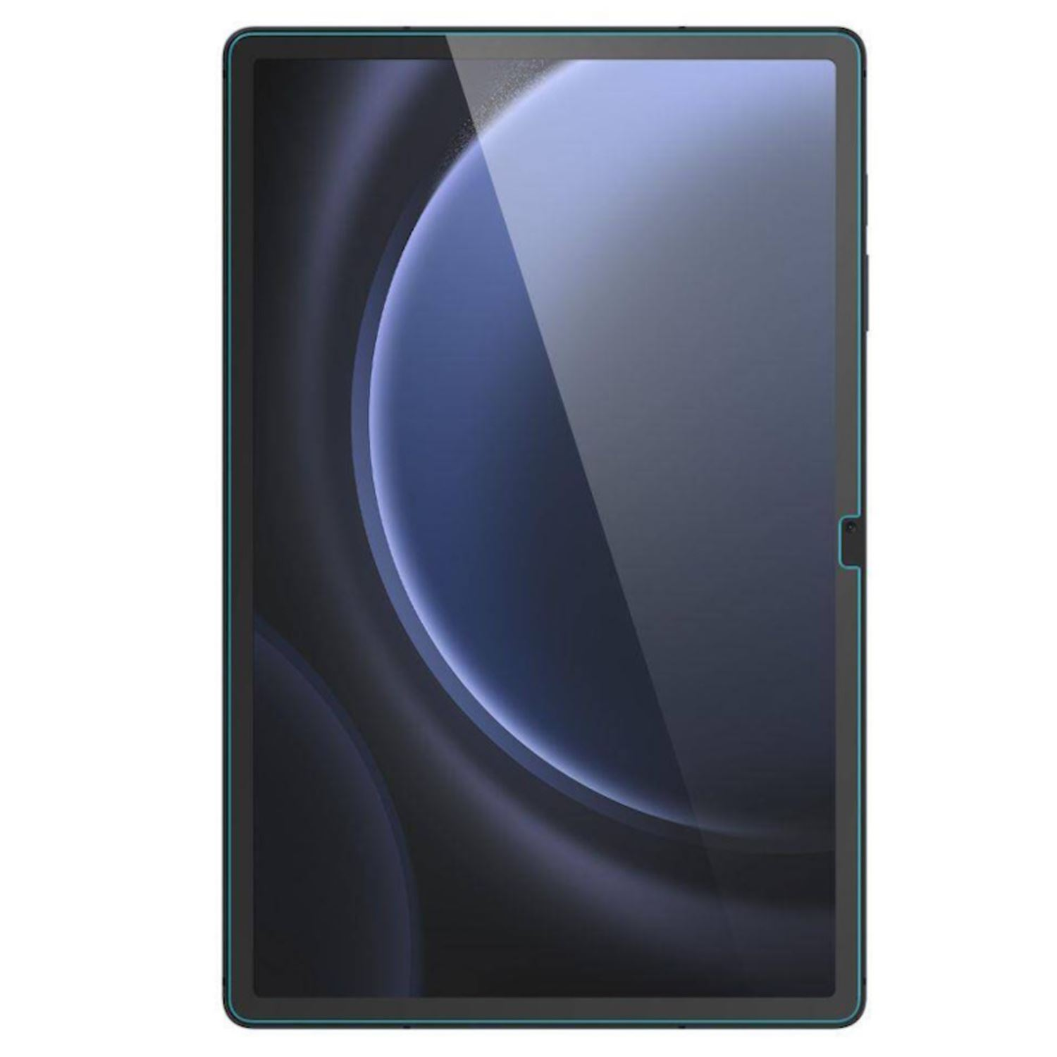 Una tableta con protector de pantalla, con diseño azul oscuro y gris.