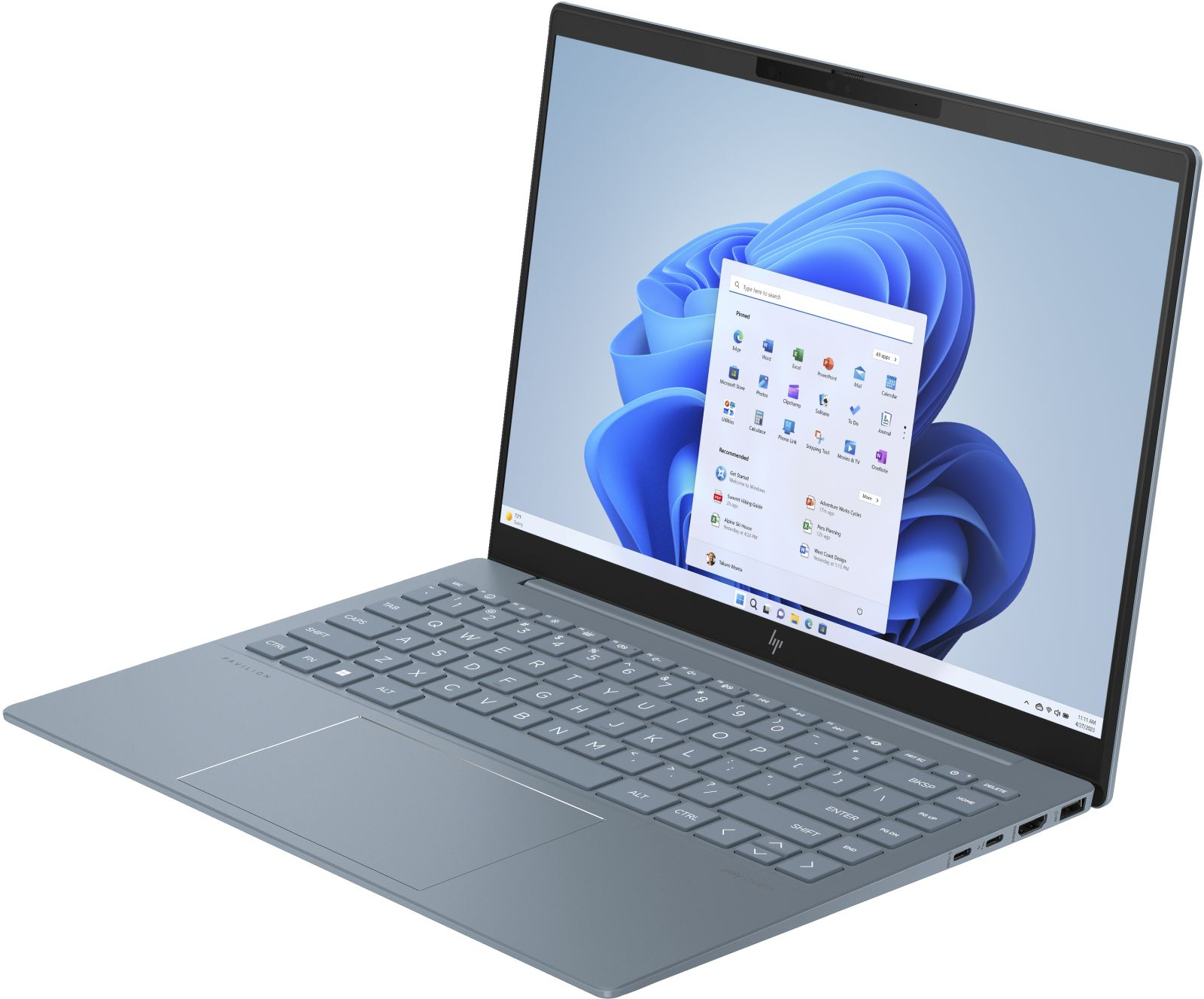 Niebieski laptop z ekranem wyświetlającym interfejs Windows 11, białe tło.