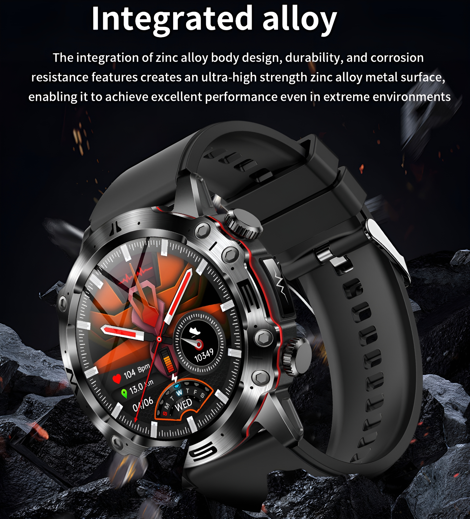 Smartwatch mit schwarzem Armband, detaillierter Oberfläche und roten Akzenten, auf dunklem Hintergrund.