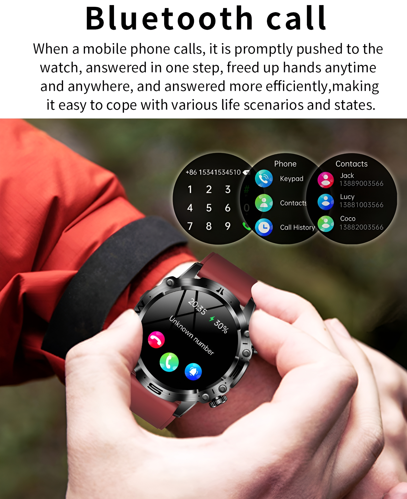 Eine Person hält eine Smartwatch und zeigt eine Anrufoberfläche mit Kontaktdetails an.