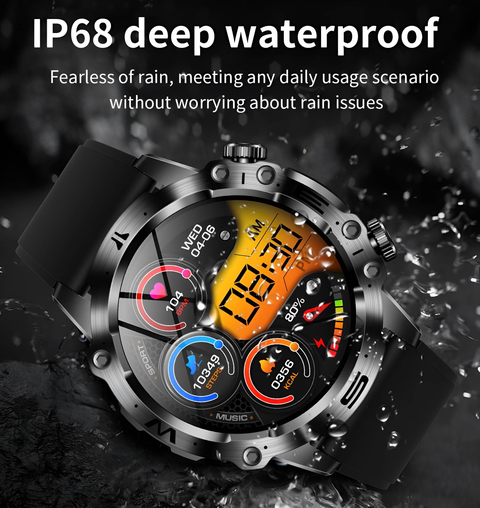 Smartwatch zeigt Daten, unter Wasser mit Tropfen.