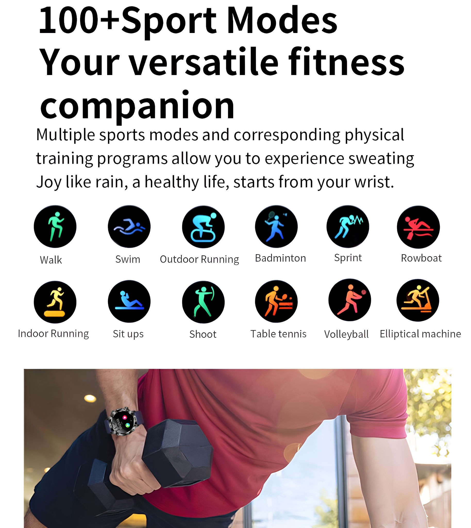 Fitnessuhr mit Sportmoden-Symbolen und eine Person beim Training.