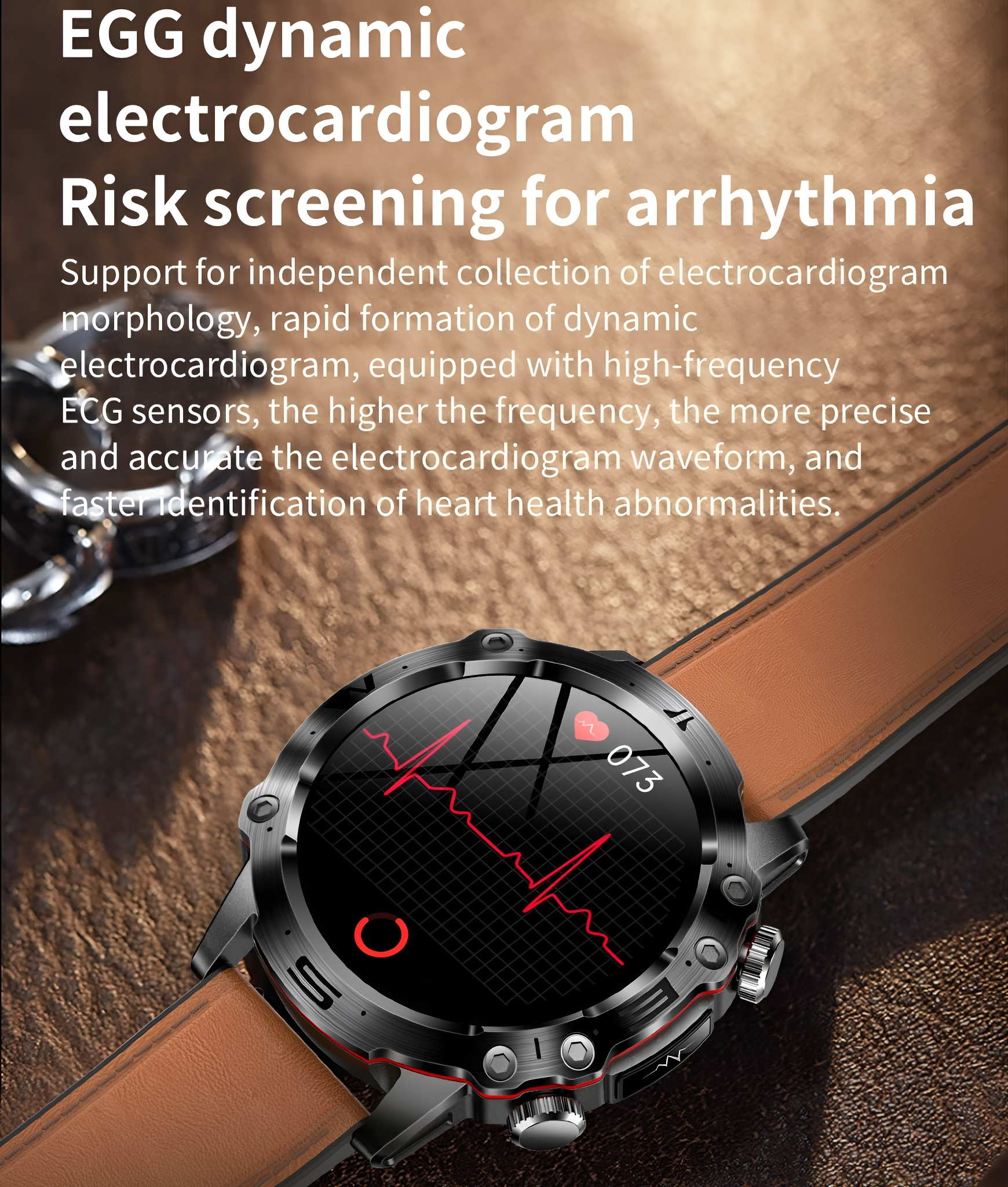Eine Smartwatch zeigt eine EKG-Wellenform an. Text beschreibt Funktionen, einschließlich Arrhythmie-Risiko-Screening.