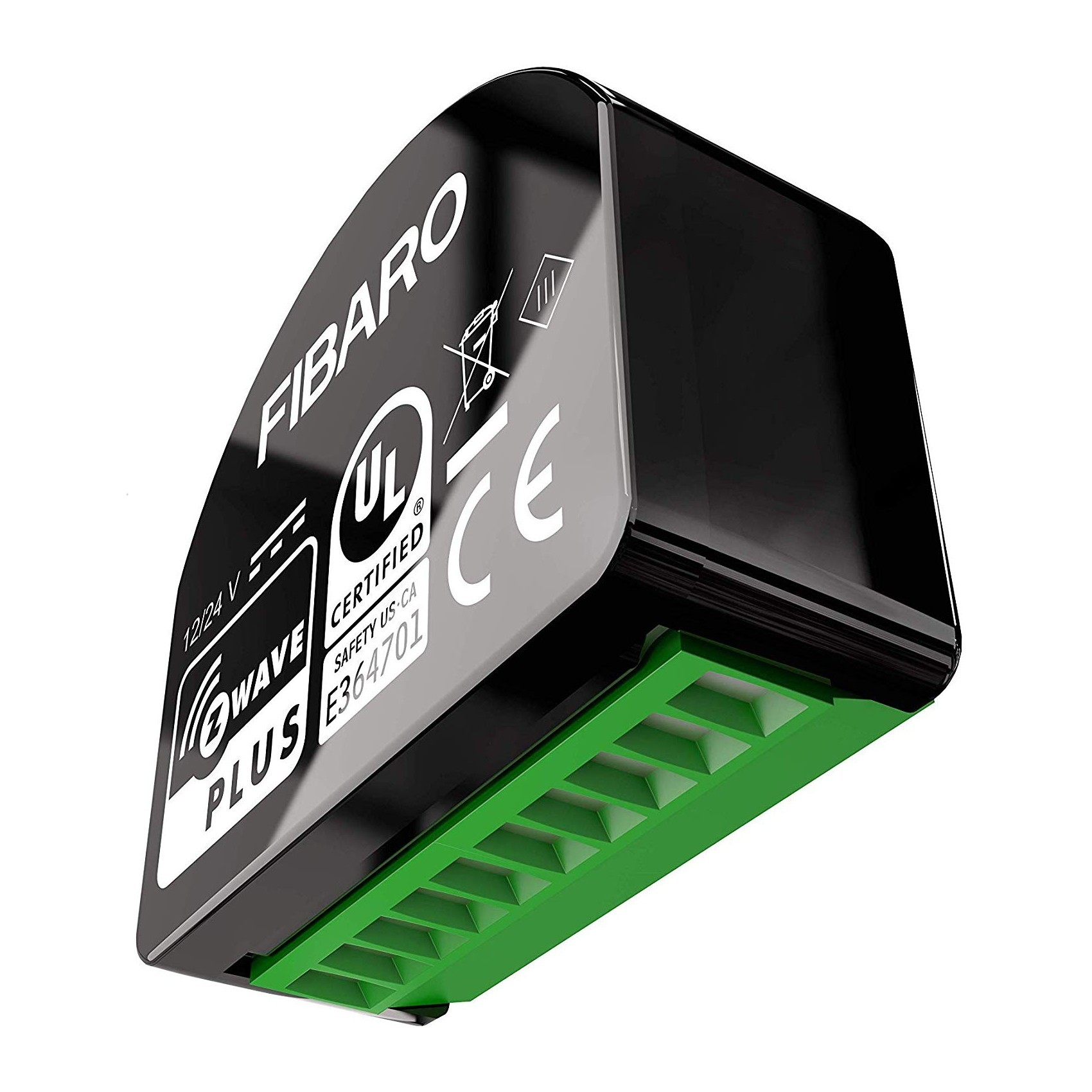 Czarny moduł Fibaro Z-Wave Plus, z certyfikatami i zielonymi złączami.