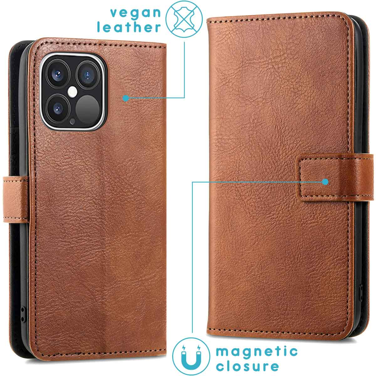 Bruine vegan leren telefoonhoes met magnetische sluiting en camera-uitsparing.