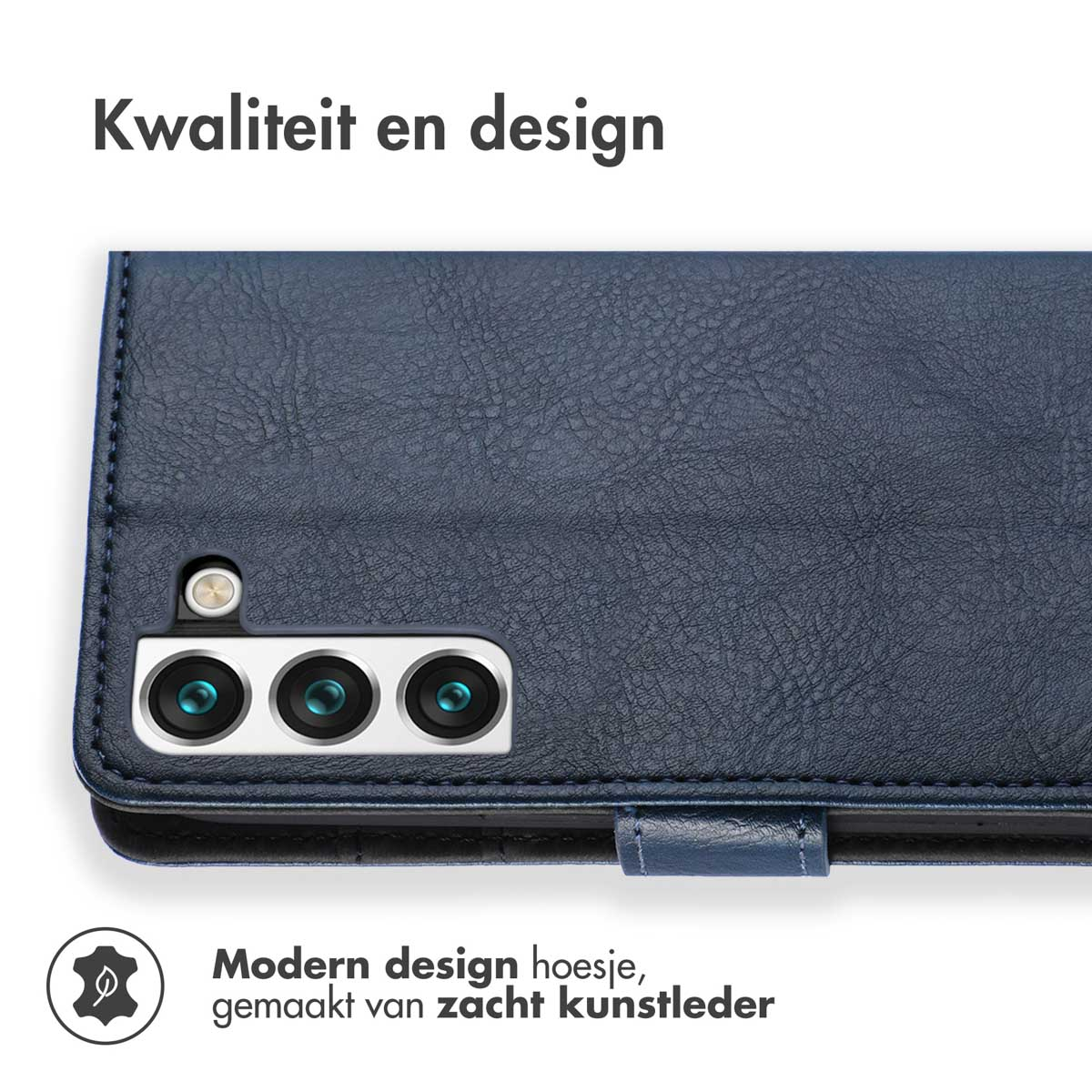 Blauwe leren telefoonhoes met een telefoon en camera zichtbaar. Tekst: Kwaliteit en design.