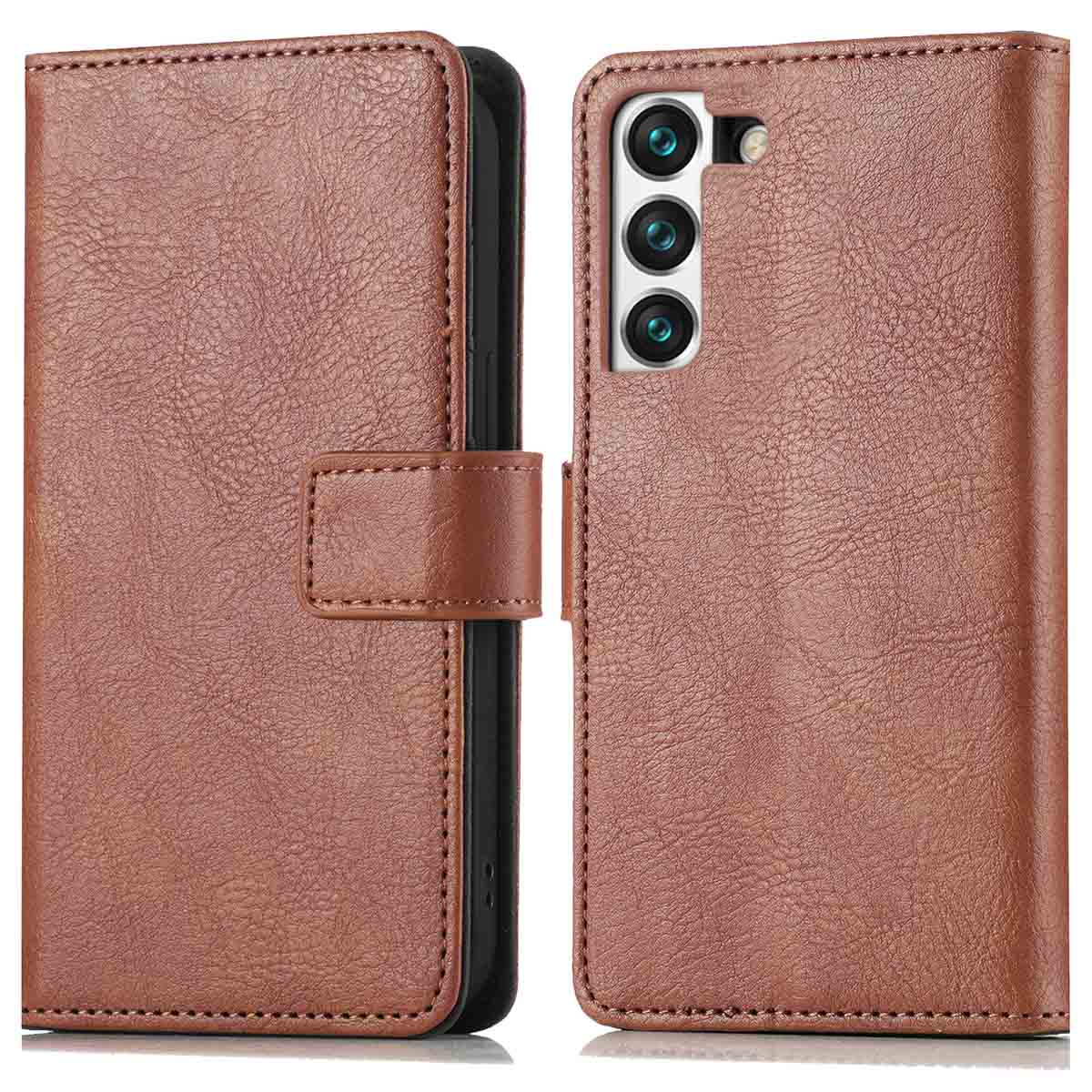 Étui de téléphone en cuir marron, ouvert, montrant le téléphone et l'intérieur.