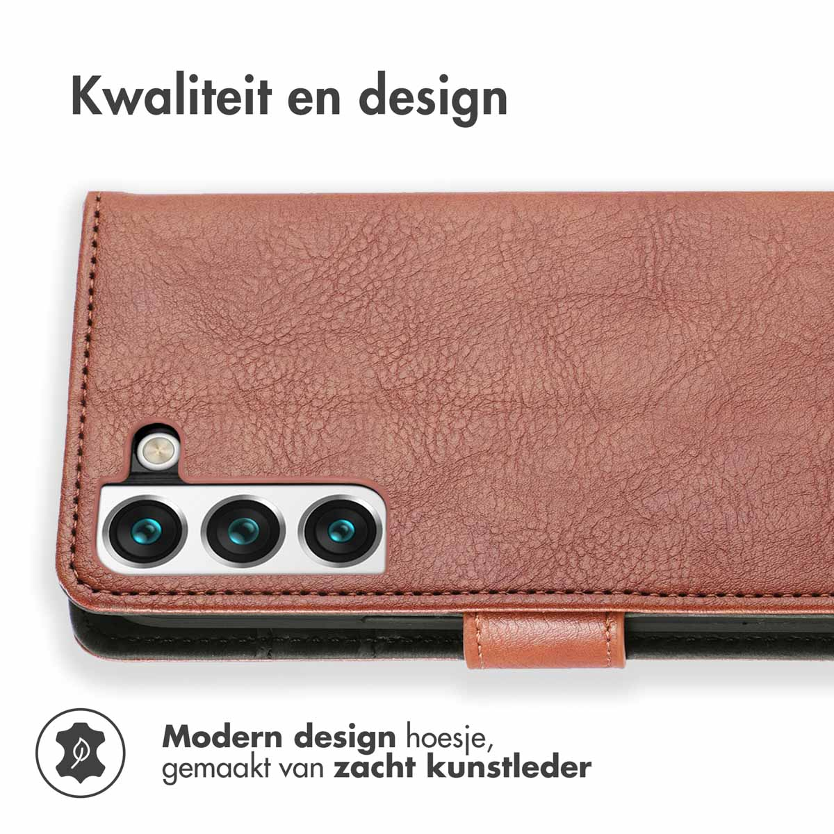 Étui de téléphone en cuir marron avec triple caméra, texte : 'Qualité et design'.