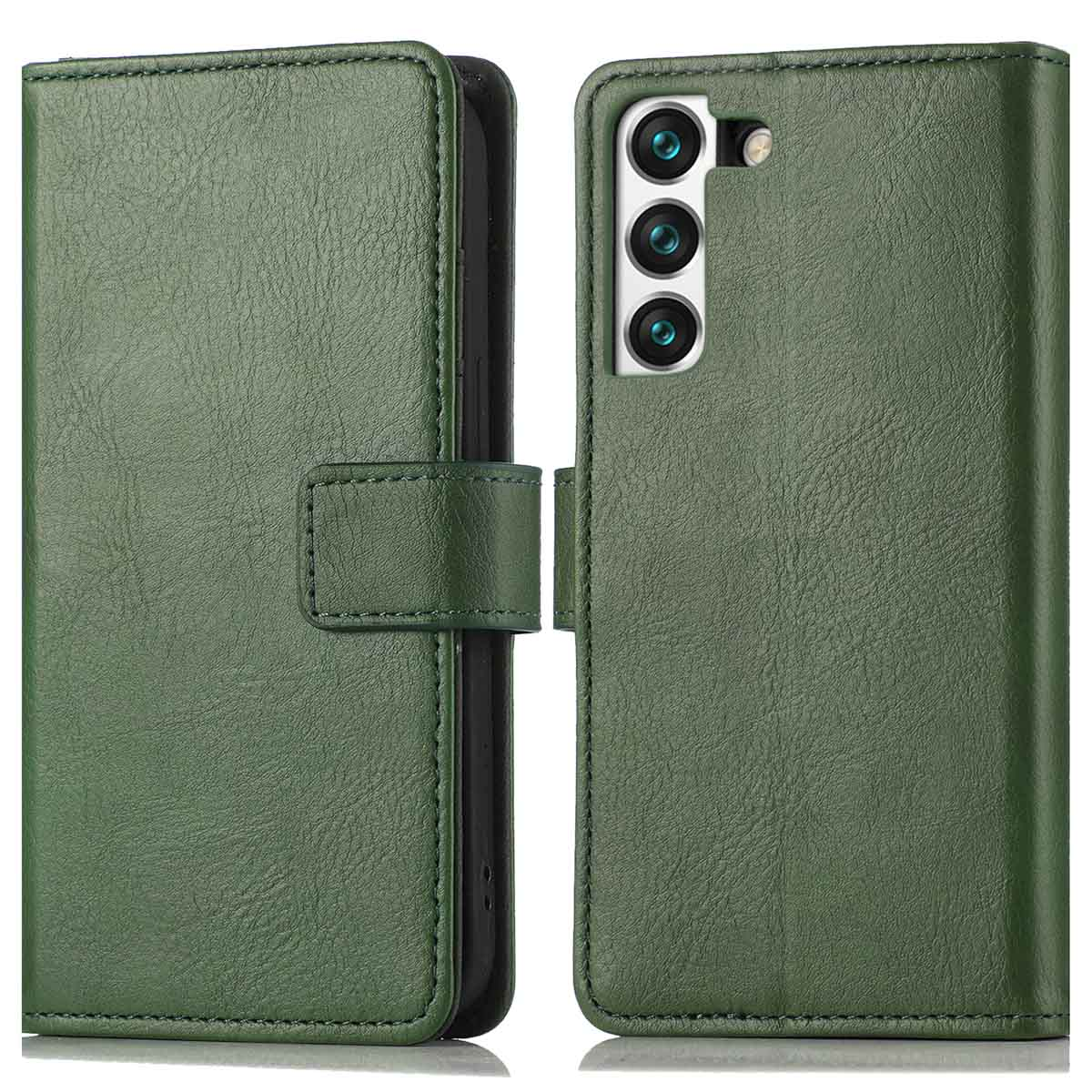 Groene leren telefoonhoes, open en dicht. Witte achtergrond.