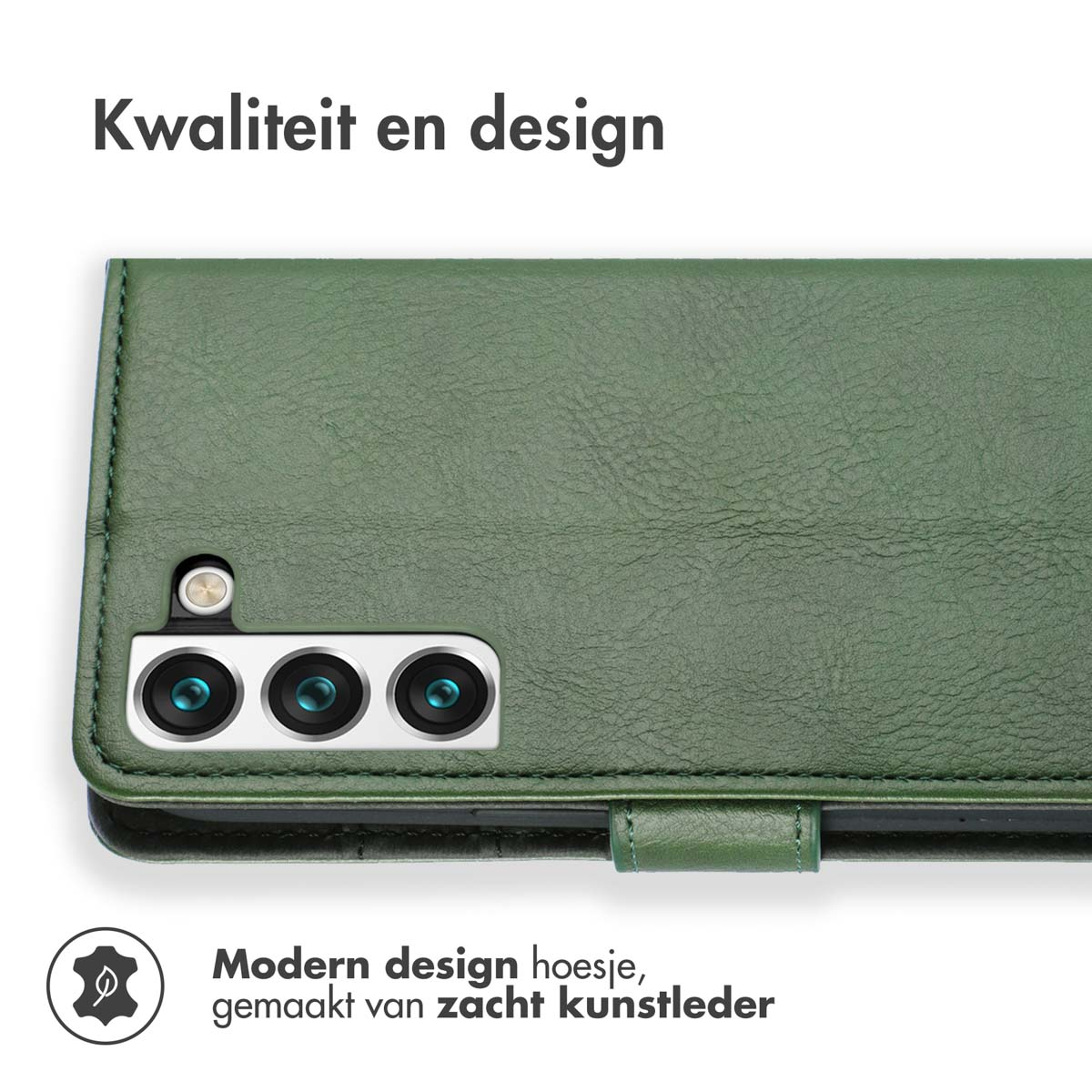 Groene telefoonhoes met camera-uitsparingen. Tekst erboven: 'Kwaliteit en design'. Tekst over design eronder.