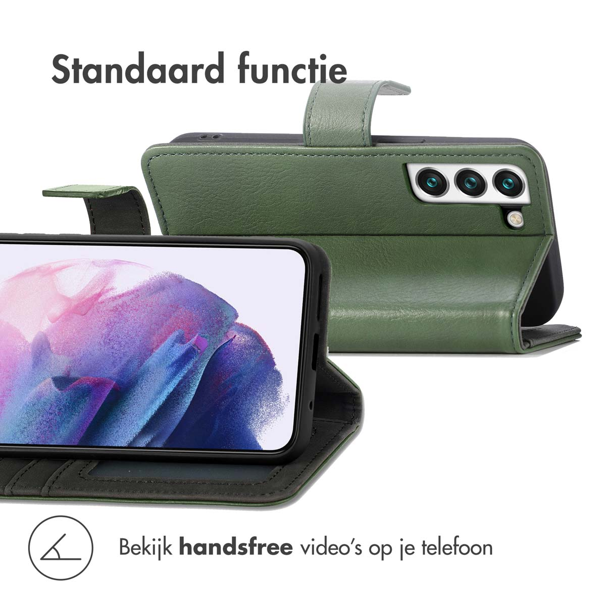 Een groene telefoonhoes staat rechtop met een telefoon erin voor handsfree kijken.