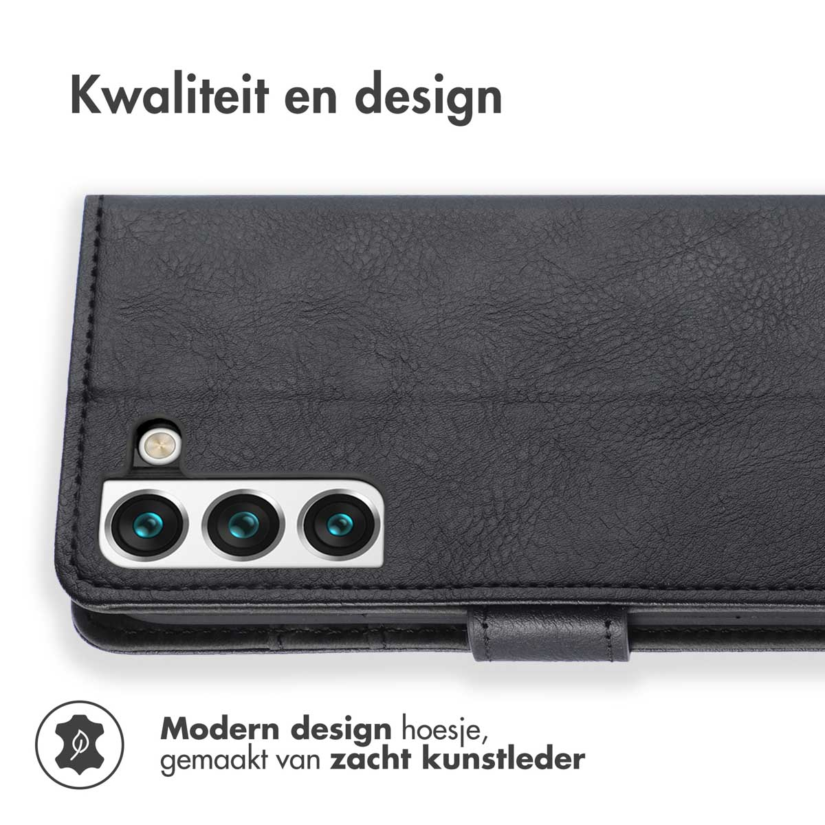 Een zwart leren telefoonhoesje wordt getoond, met de tekst "Kwaliteit en design".