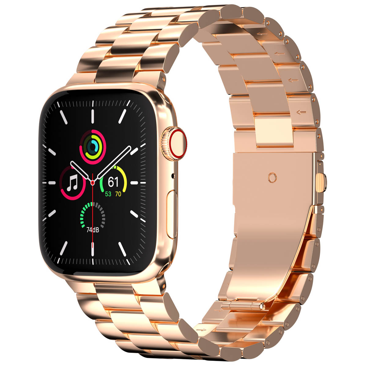 Rose gold Apple Watch with metal band. Black screen. White background.