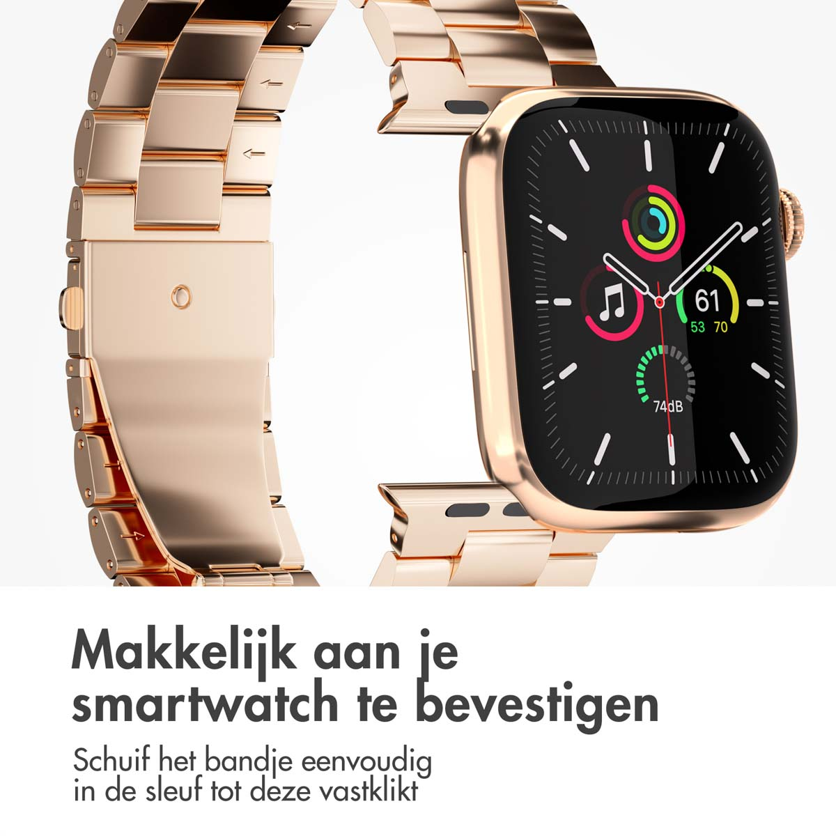 Rose gold smartwatch with matching band. Displays time, music note, and heart rate.