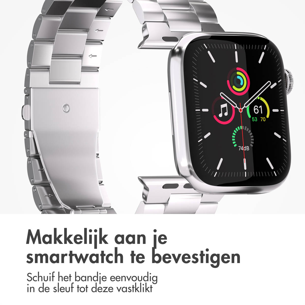 Silver smartwatch with a metal strap. Text: 'Easy to attach your smartwatch'. White background.