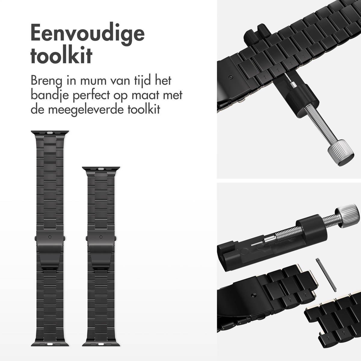 Black watch bands and a toolkit, with text in Dutch describing the ease of adjusting the band with the tool.