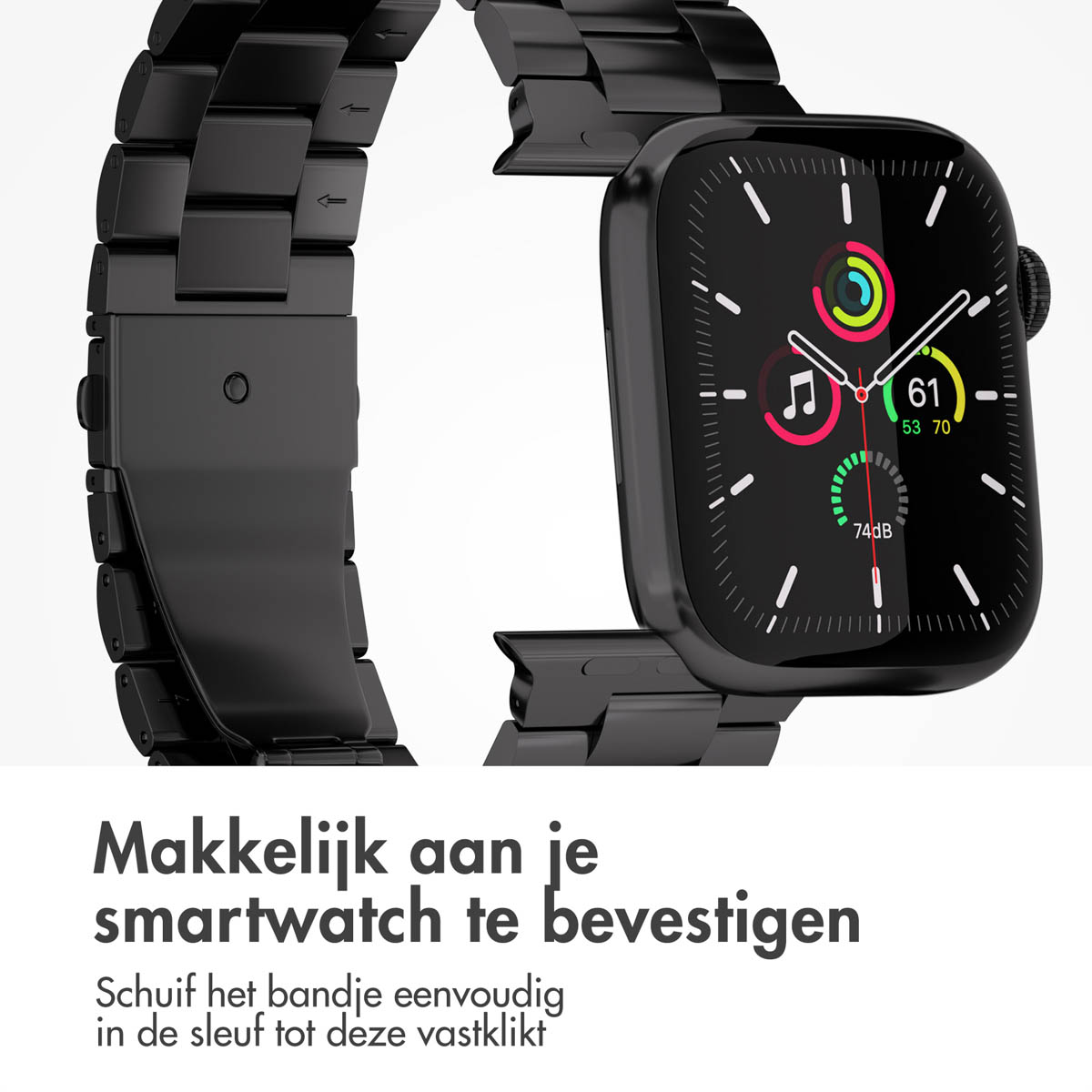 Black smartwatch with black metal band. Text: Easy to attach to your smartwatch.